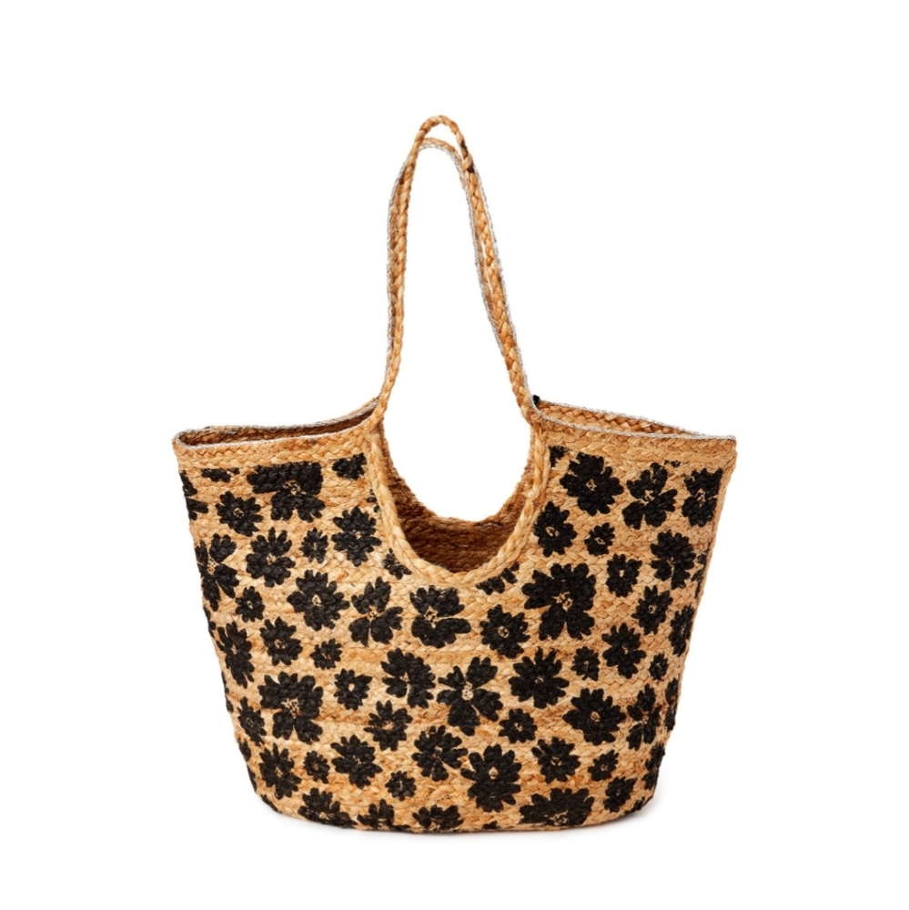 Black Floral Jute Tote Bag Beach Grocery Clothing CUTE! - Picture 2 of 4